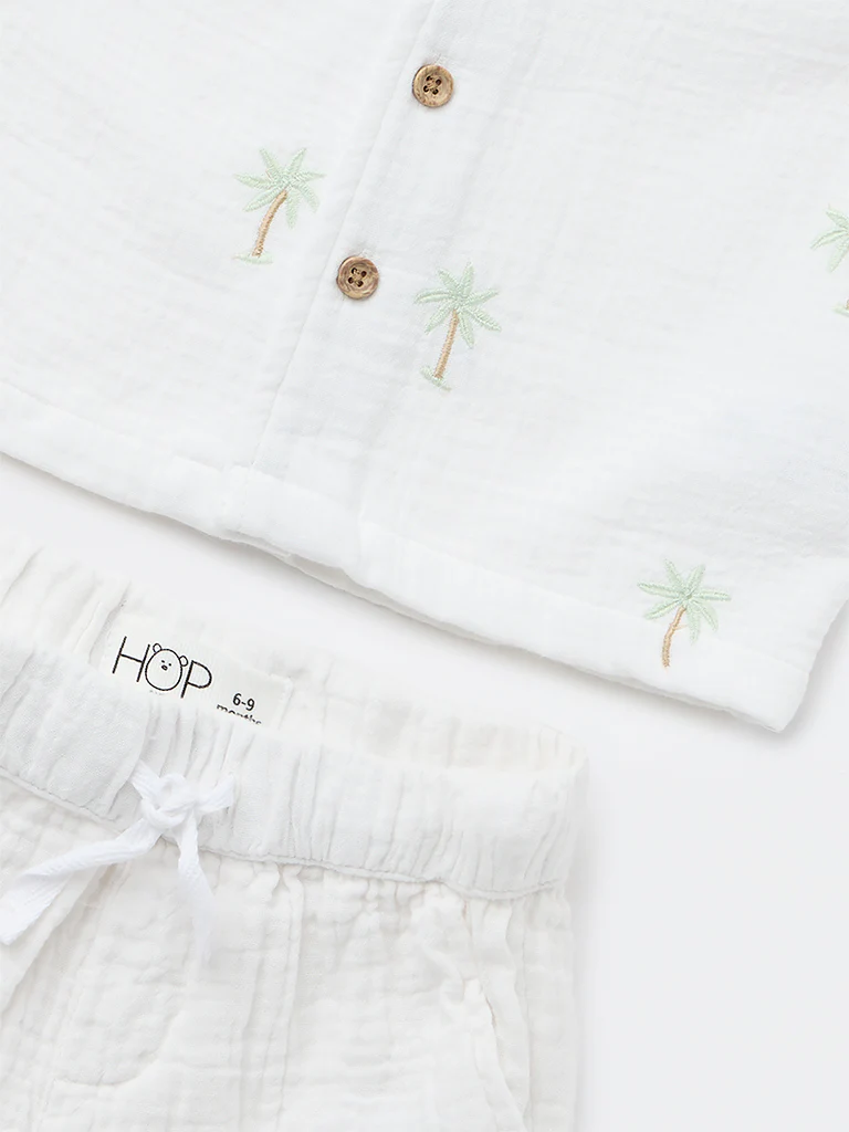 HOP Baby Boys White Embroidered Cotton Shirt and Shorts Set - Image 4