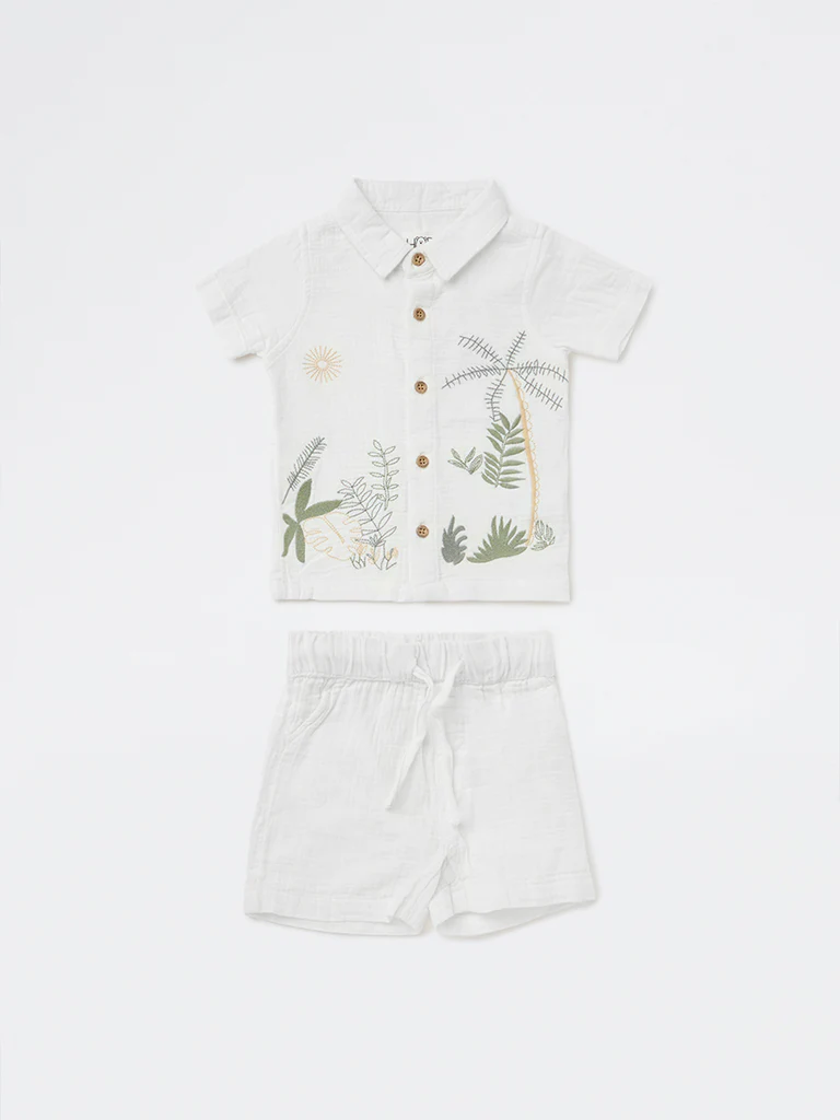 HOP Baby Boys White Embroidered Cotton Shirt and Shorts Set - Image 2