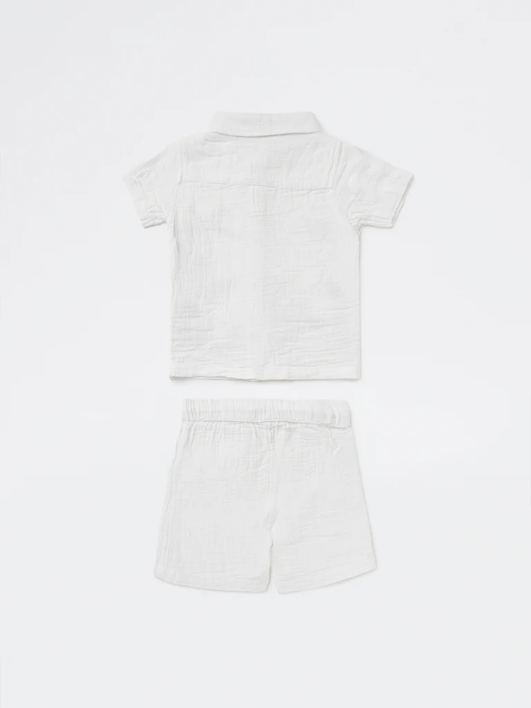 HOP Baby Boys White Embroidered Cotton Shirt and Shorts Set - Image 3