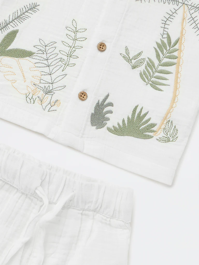 HOP Baby Boys White Embroidered Cotton Shirt and Shorts Set - Image 4