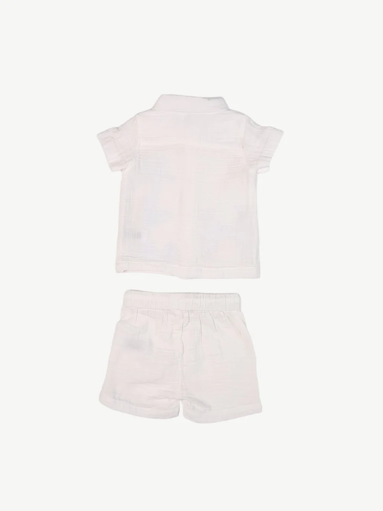 HOP Baby Boys White Embroidered Cotton Shirt and Shorts Set - Image 3