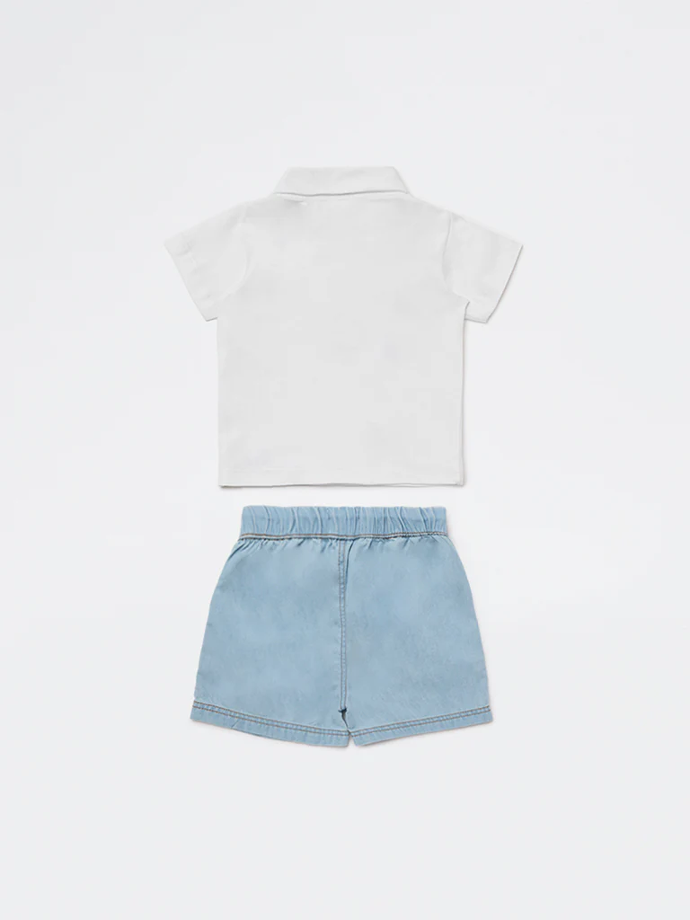 HOP Baby Boys White Embroidered Cotton T-Shirt and Shorts Set - Image 3