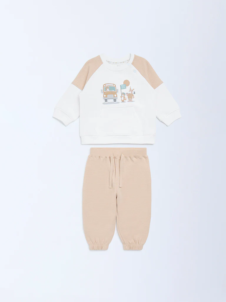 HOP Baby Boys White Printed Cotton Sweatshirt and Pants Set - Image 2
