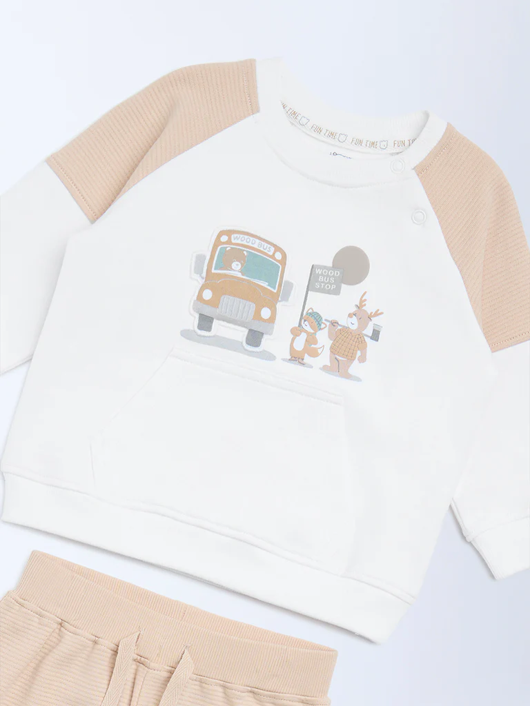 HOP Baby Boys White Printed Cotton Sweatshirt and Pants Set - Image 4