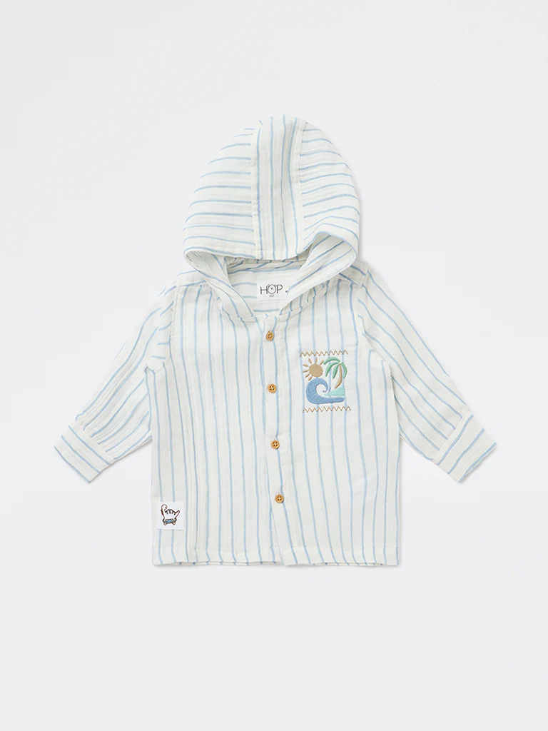HOP Baby Boys White Striped Cotton Hooded Shirt - Image 2