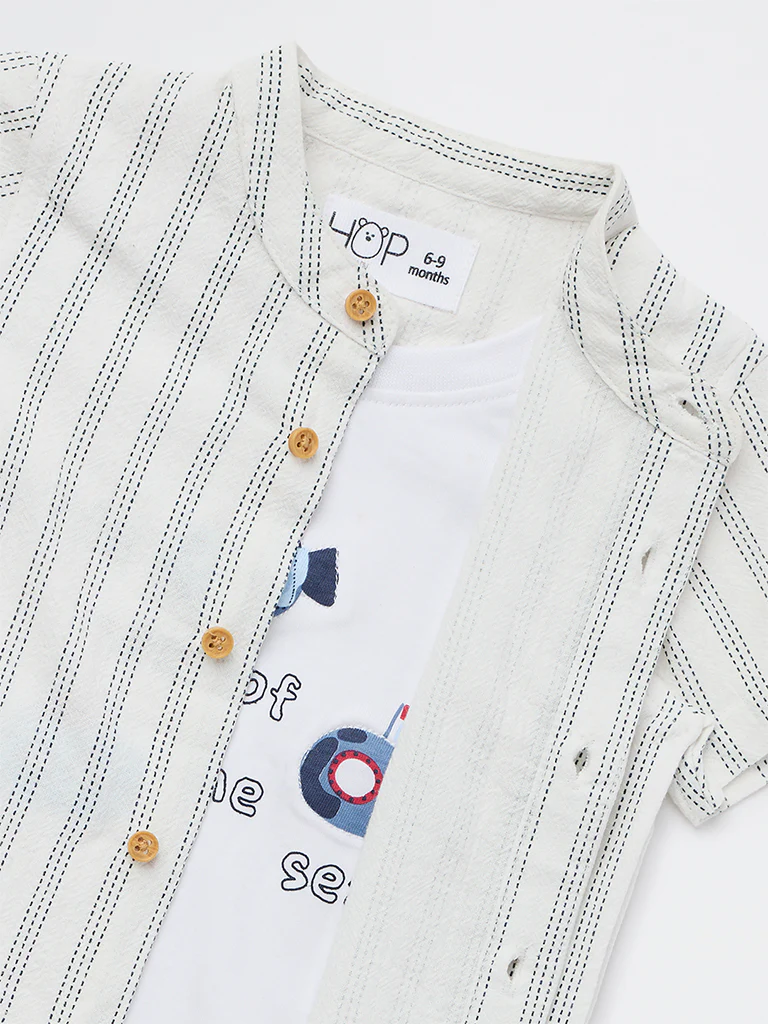 HOP Baby Boys White Striped Cotton Shirt - Image 4