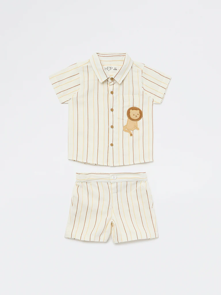 HOP Baby Boys White Striped Cotton Shirt and Shorts Set - Image 2