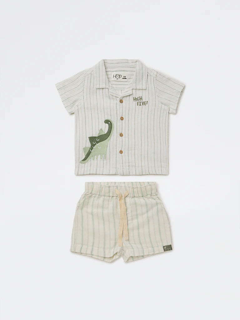 HOP Baby Boys White Striped Cotton Shirt and Shorts Set - Image 2