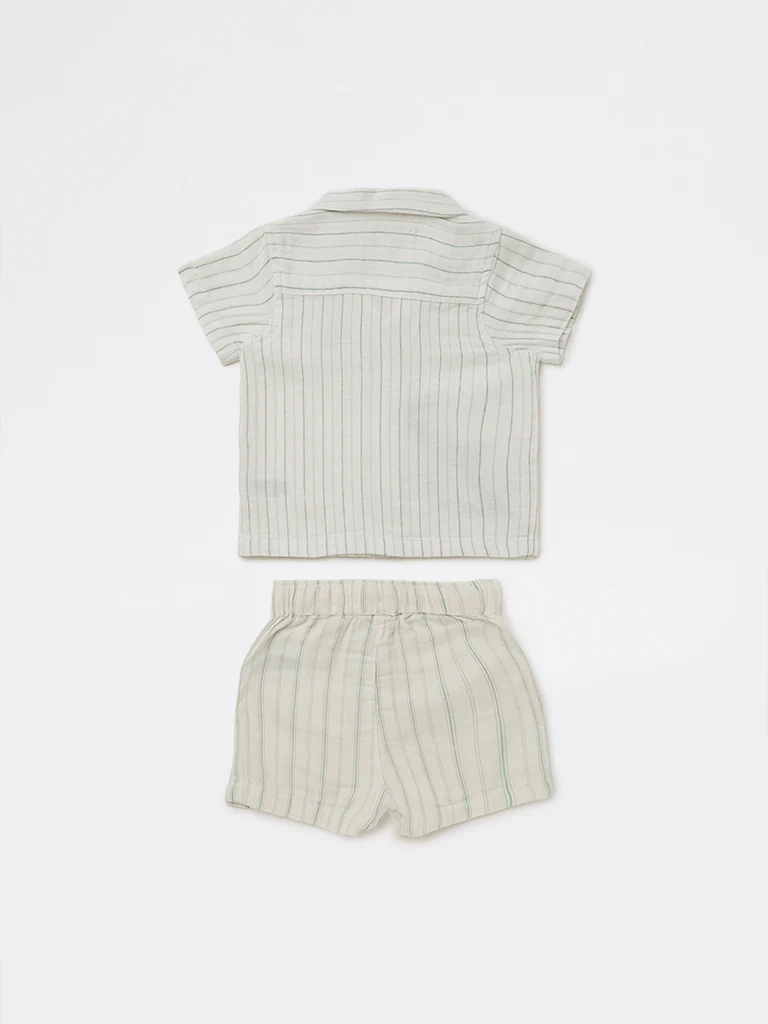 HOP Baby Boys White Striped Cotton Shirt and Shorts Set - Image 3