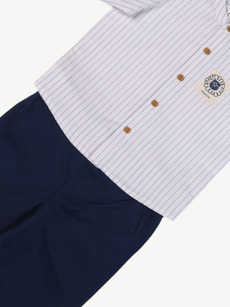 HOP Baby Boys White Striped Cotton Shirt and Trouser Set - Image 4
