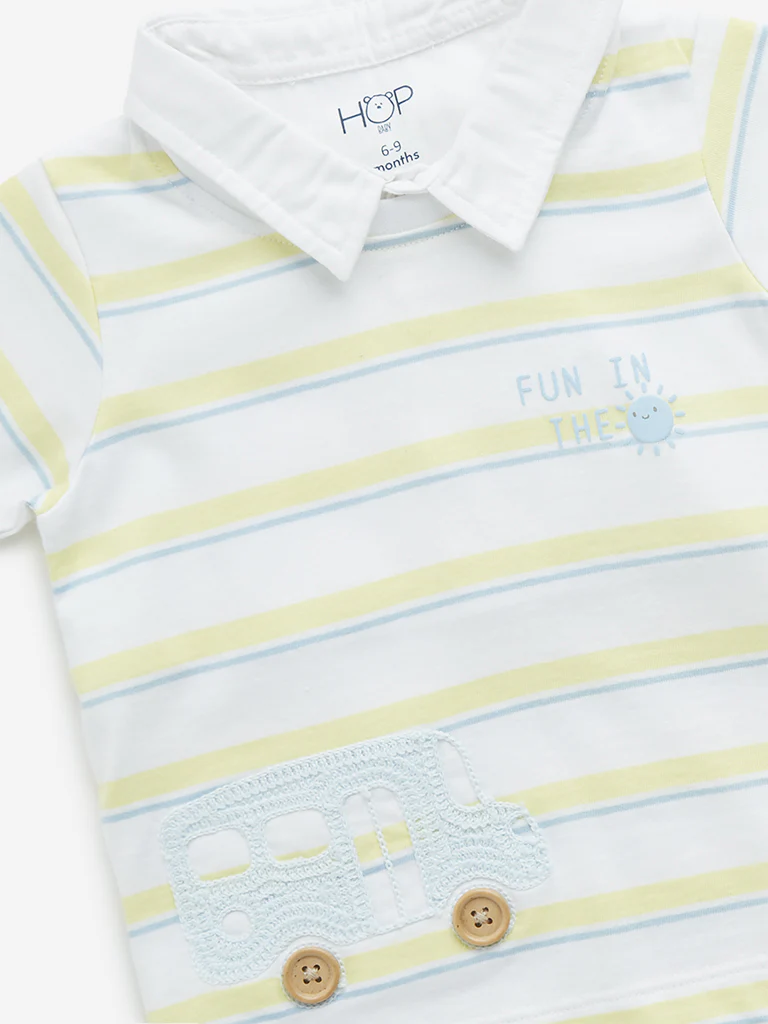 HOP Baby Boys White Striped Design Collared Cotton T-Shirt - Image 3