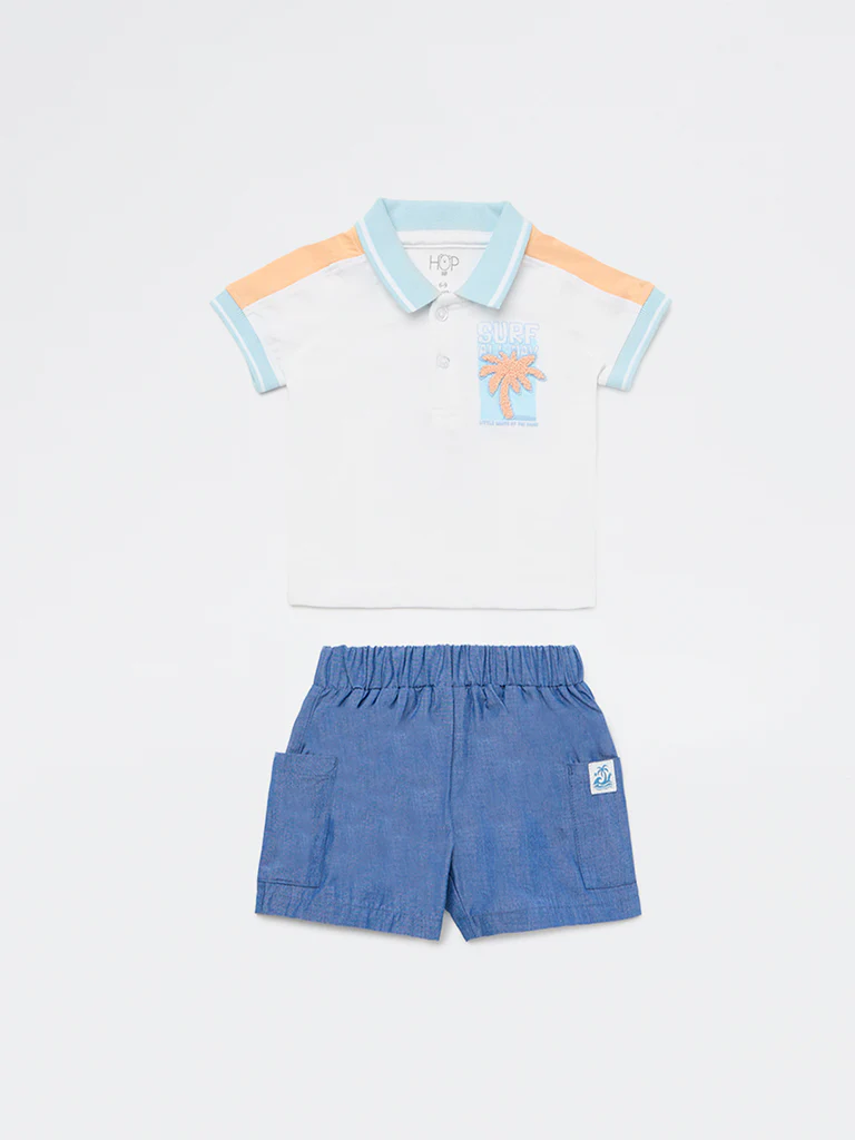 HOP Baby Boys White Tropical Themed Cotton Polo T-Shirt and Shorts Set - Image 2