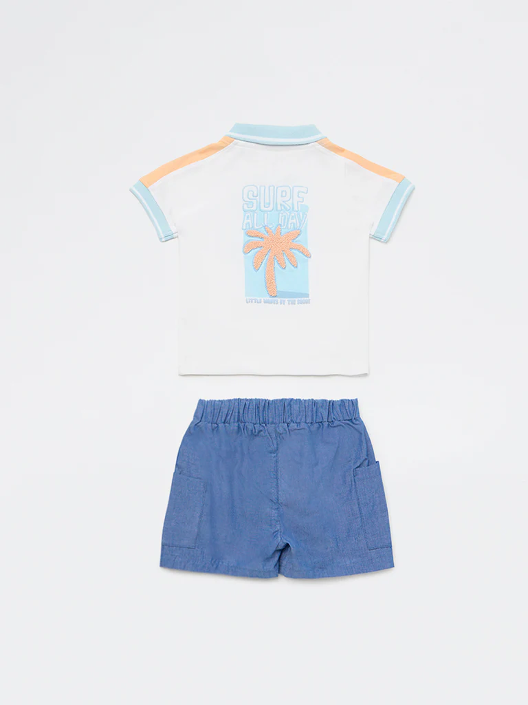 HOP Baby Boys White Tropical Themed Cotton Polo T-Shirt and Shorts Set - Image 3