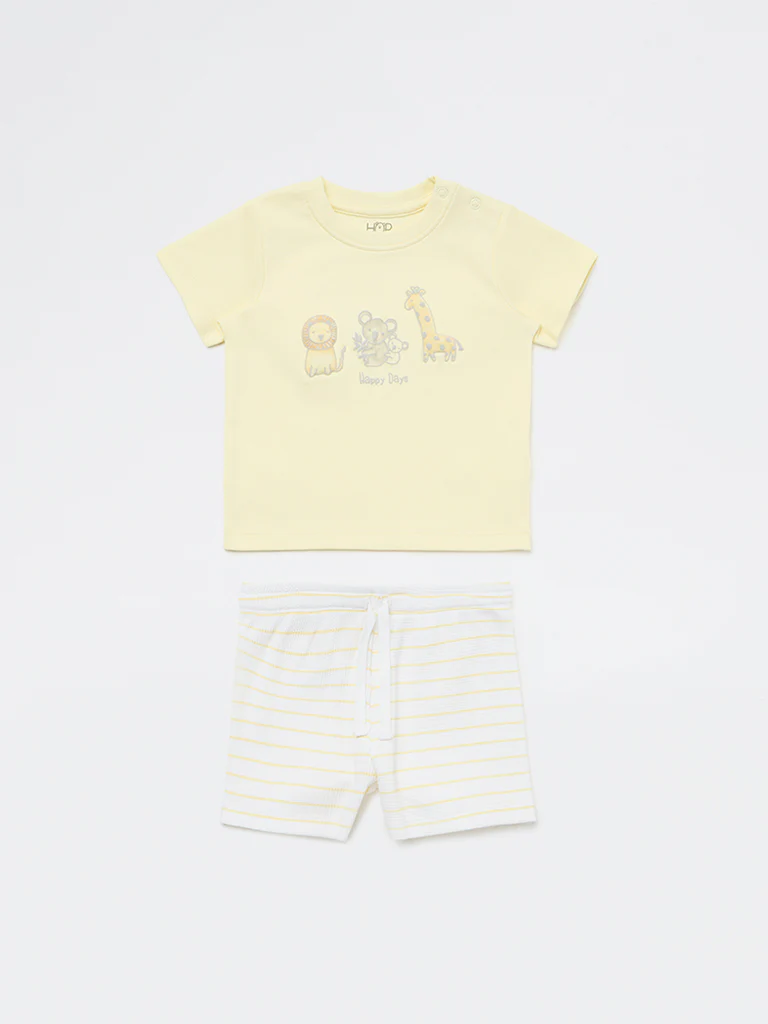 HOP Baby Boys Yellow Animal Printed Cotton T-Shirt and Shorts Set - Image 2