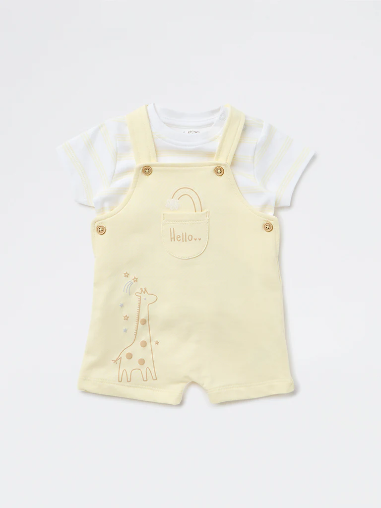 HOP Baby Boys Yellow Printed Cotton T-Shirt and Dungaree Set - Image 2