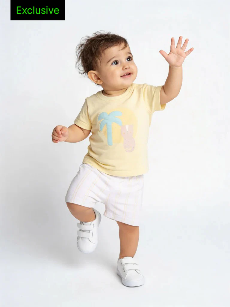 HOP Baby Boys Yellow Printed Cotton T-Shirt and Shorts Set - Exclusive