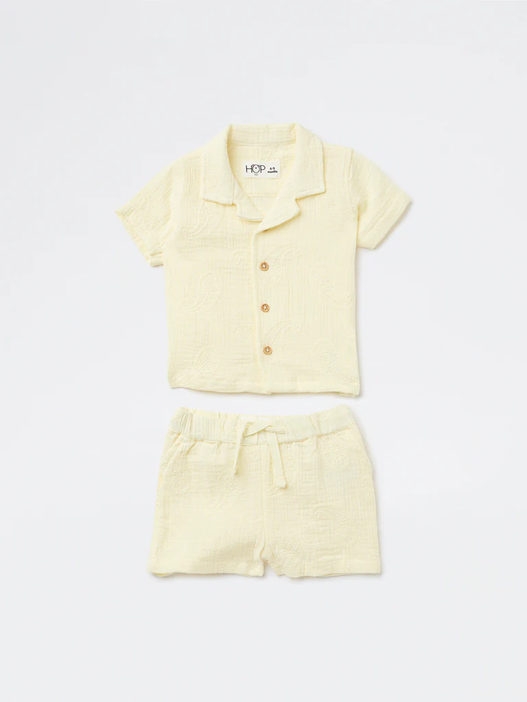 HOP Baby Boys Yellow Textured Cotton Shirt and Shorts Set - Image 2