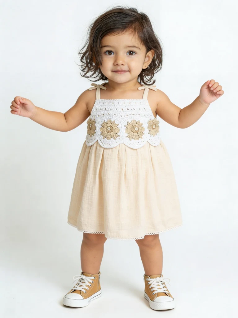 HOP Baby Girls Beige Embroidered A-Line Cotton Dress