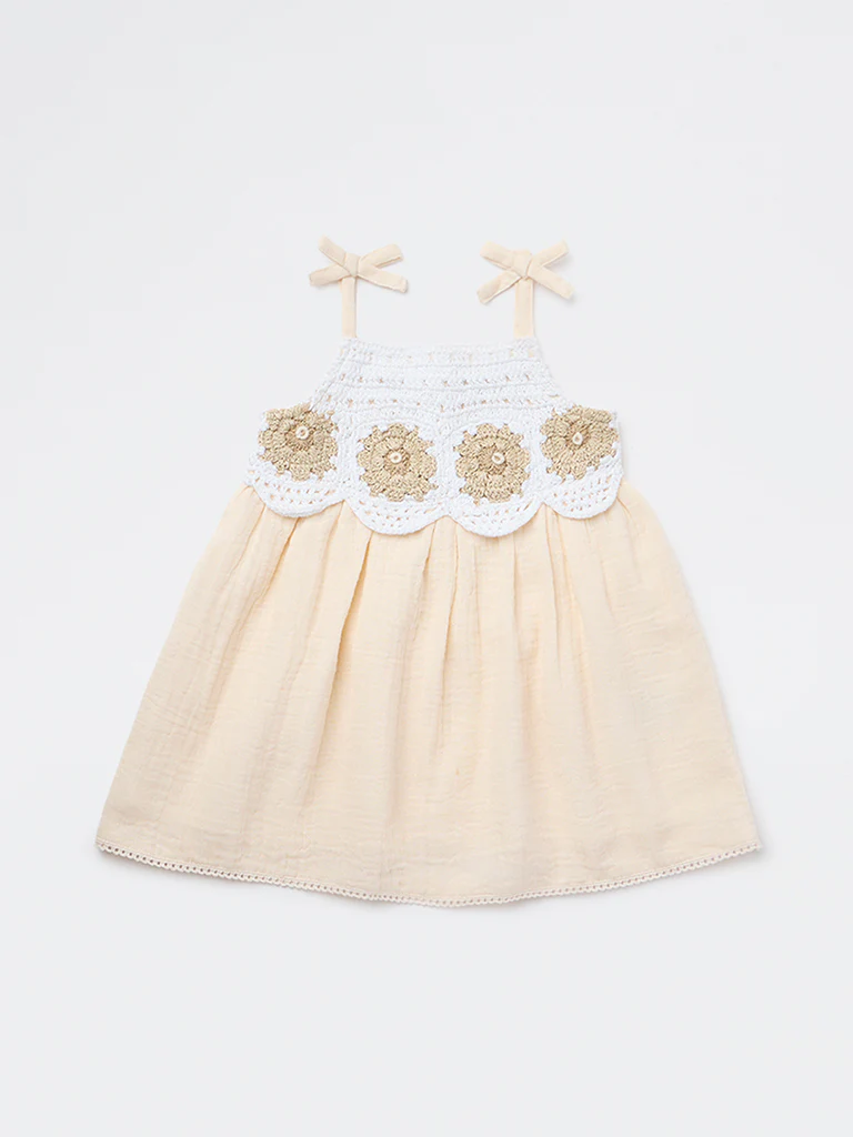 HOP Baby Girls Beige Embroidered A-Line Cotton Dress - Image 2