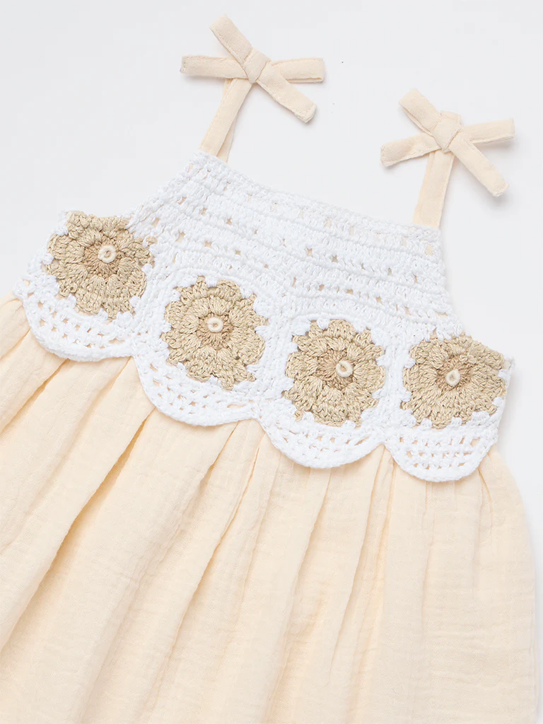 HOP Baby Girls Beige Embroidered A-Line Cotton Dress - Image 4