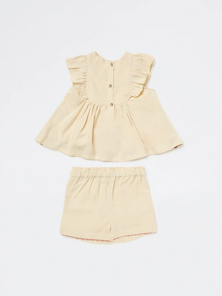 HOP Baby Girls Beige Embroidered A-Line Dress with Shorts Set - Image 3
