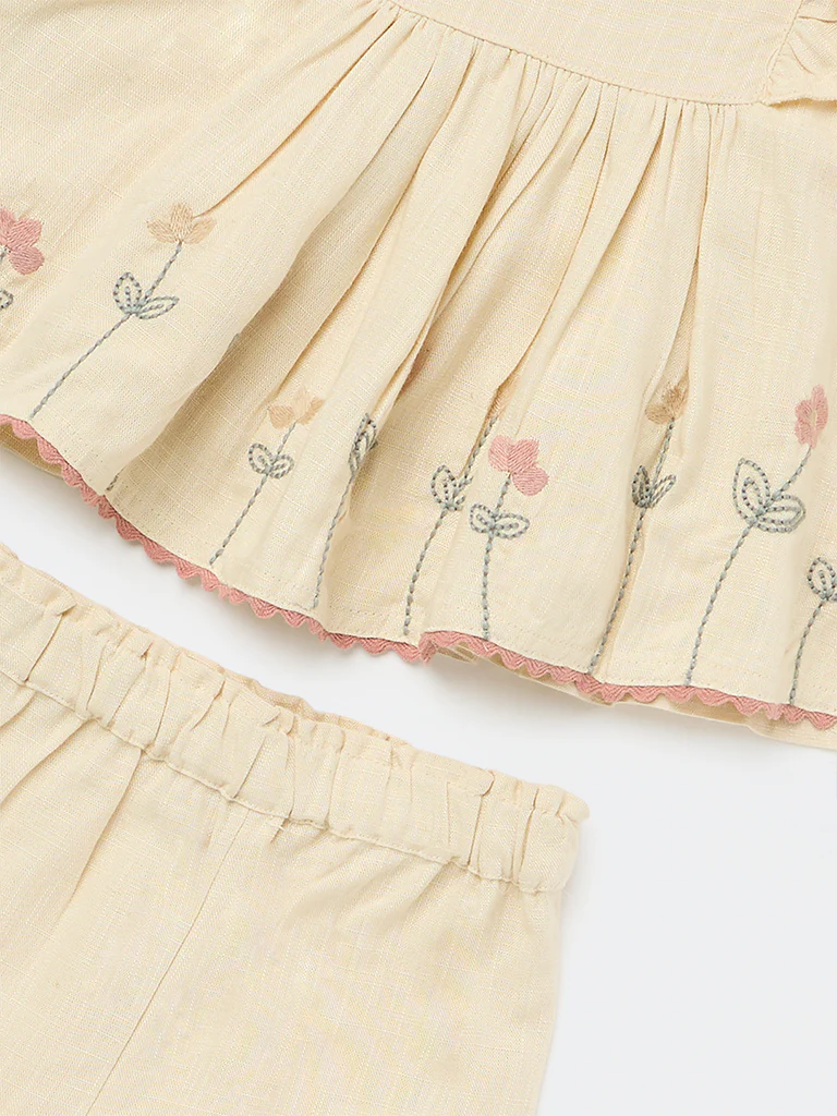 HOP Baby Girls Beige Embroidered A-Line Dress with Shorts Set - Image 4