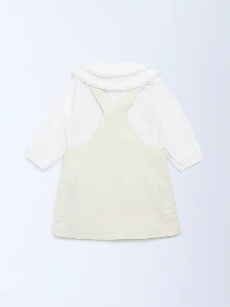 HOP Baby Girls Beige Embroidered Cotton Pinafore with Top Set - Image 3