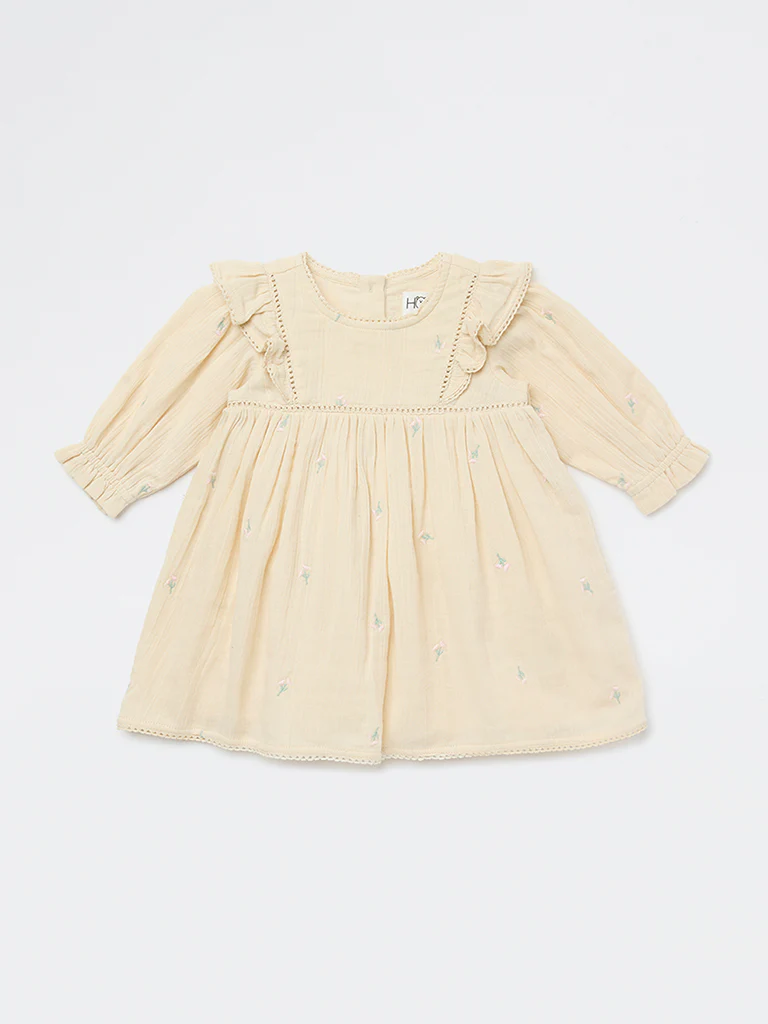 HOP Baby Girls Beige Floral Embroidered A-Line Cotton Dress - Image 2