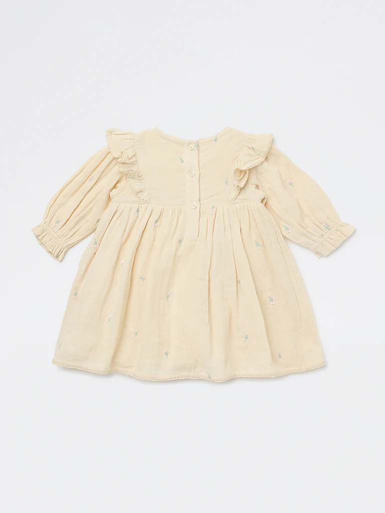 HOP Baby Girls Beige Floral Embroidered A-Line Cotton Dress - Image 3