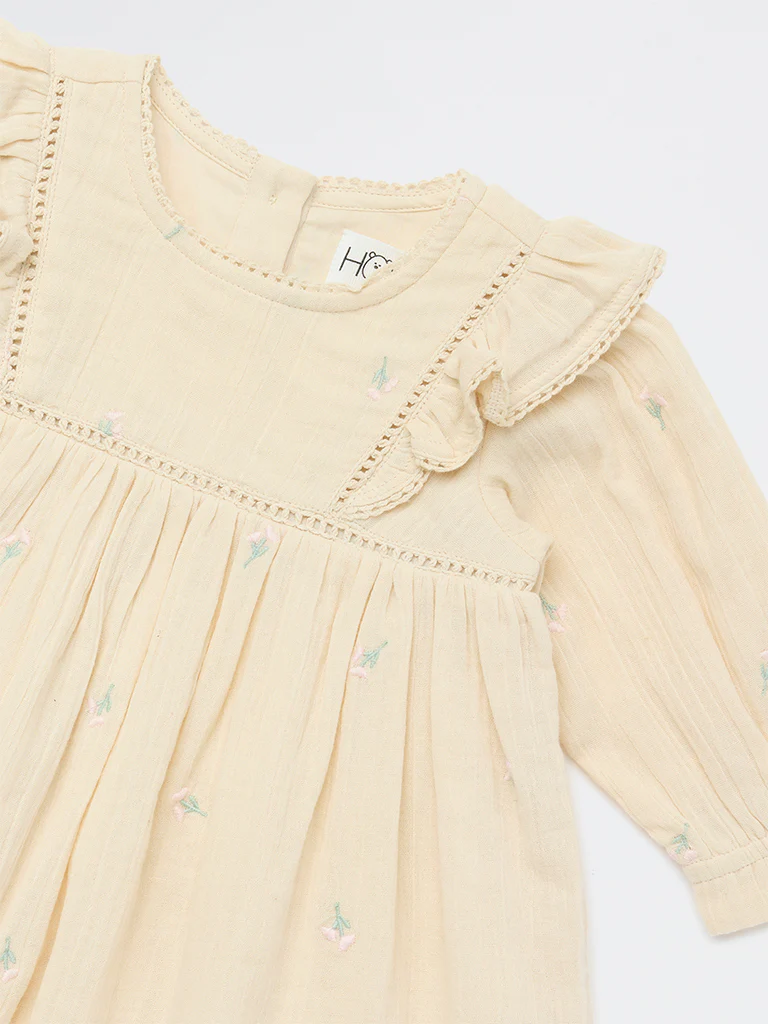 HOP Baby Girls Beige Floral Embroidered A-Line Cotton Dress - Image 4