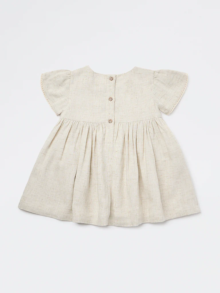 HOP Baby Girls Beige Floral Embroidered A-Line Cotton Dress - Image 3
