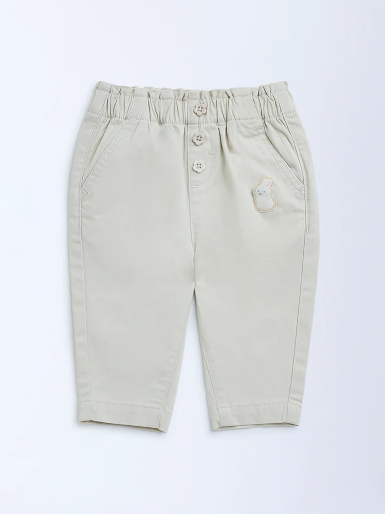 HOP Baby Girls Beige High-Rise Cotton-Blend Pants - Image 3