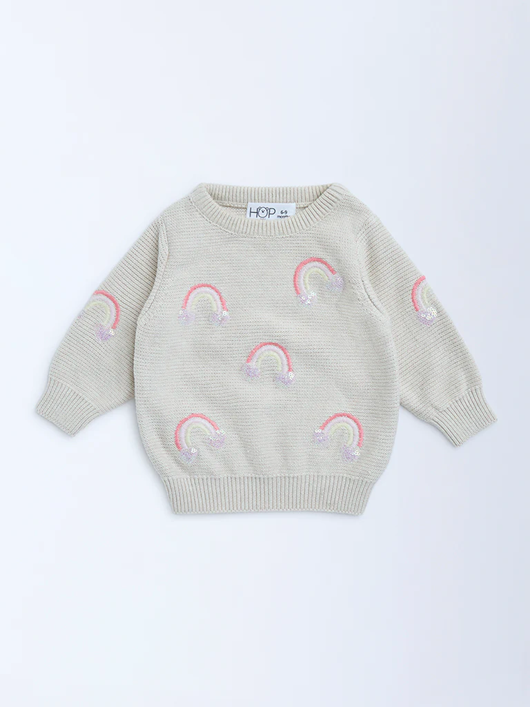 HOP Baby Girls Beige Rainbow Design Cotton Sweater - Image 2