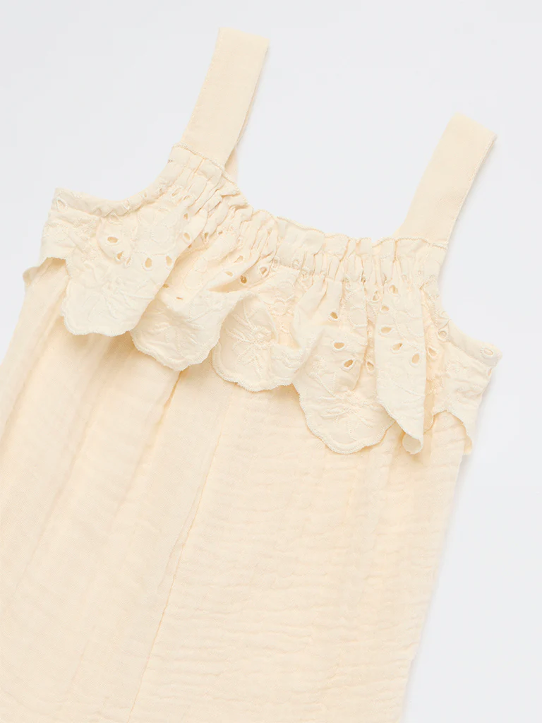 HOP Baby Girls Beige Schiffli Detailed Cotton Romper - Image 4