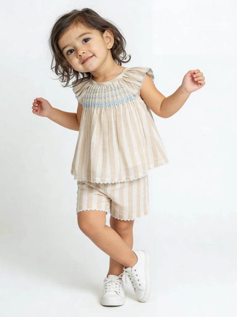 HOP Baby Girls Beige Striped Cotton A-Line Dress and Shorts Set