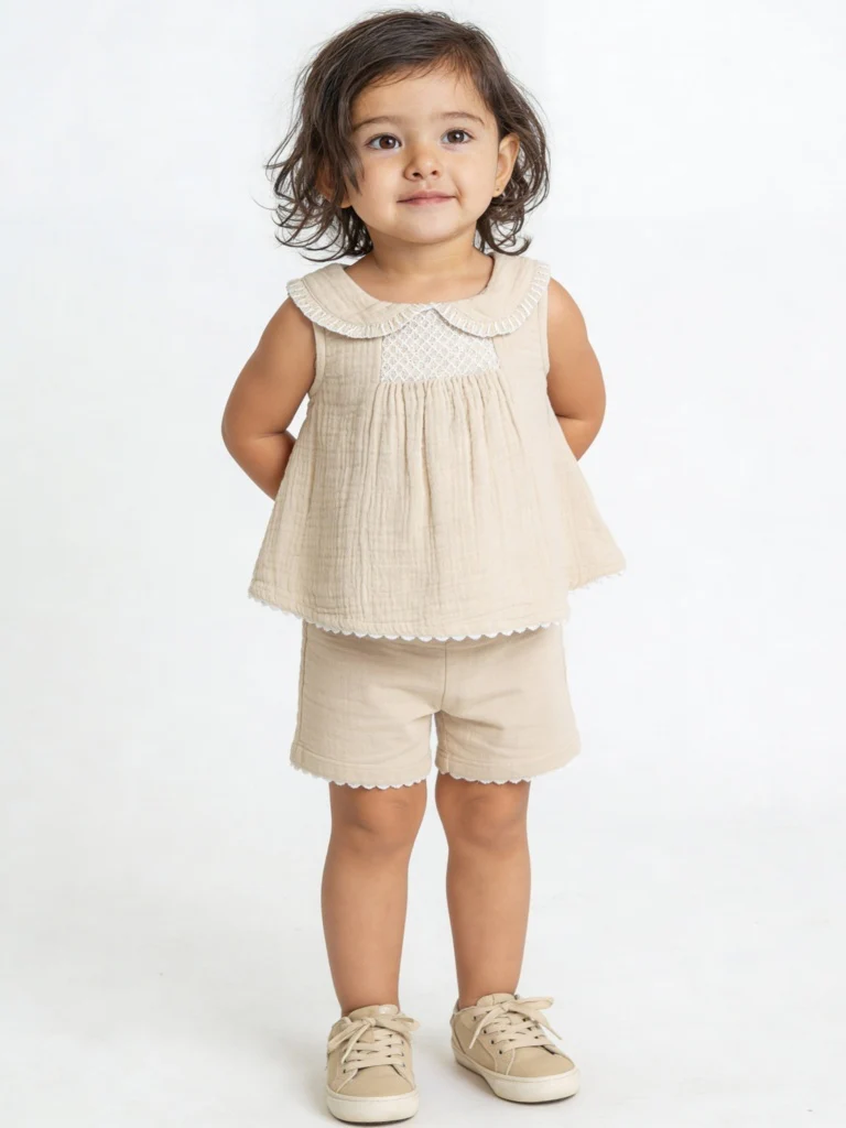 HOP Baby Girls Beige Textured Cotton Top and Shorts Set