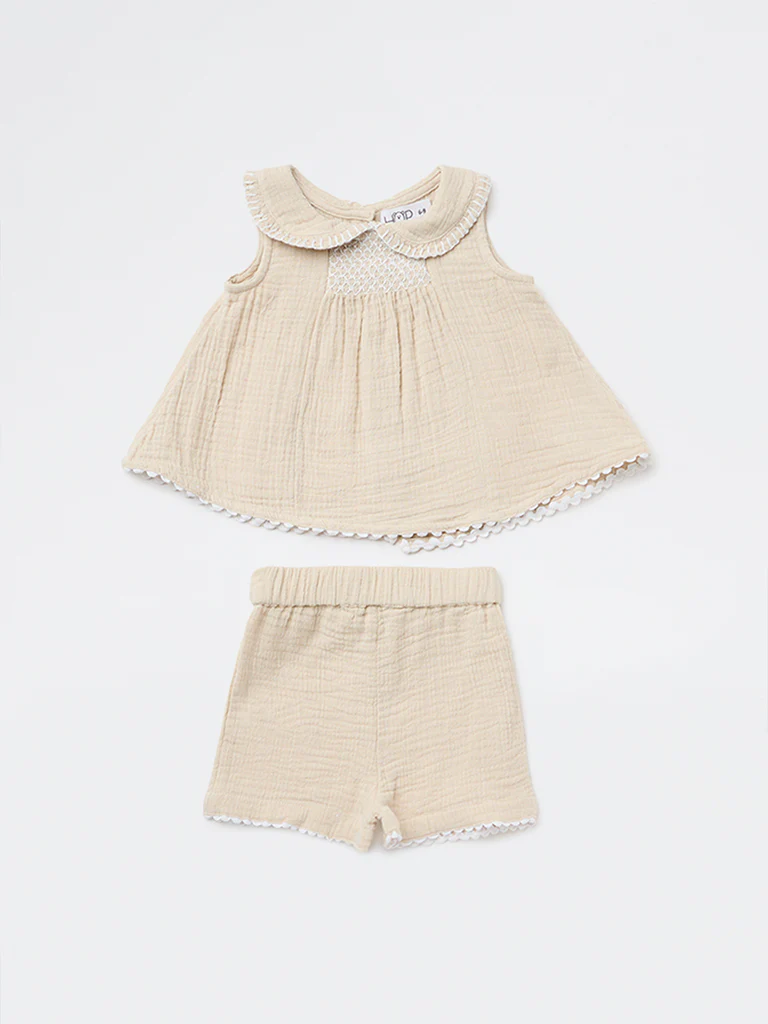 HOP Baby Girls Beige Textured Cotton Top and Shorts Set - Image 2