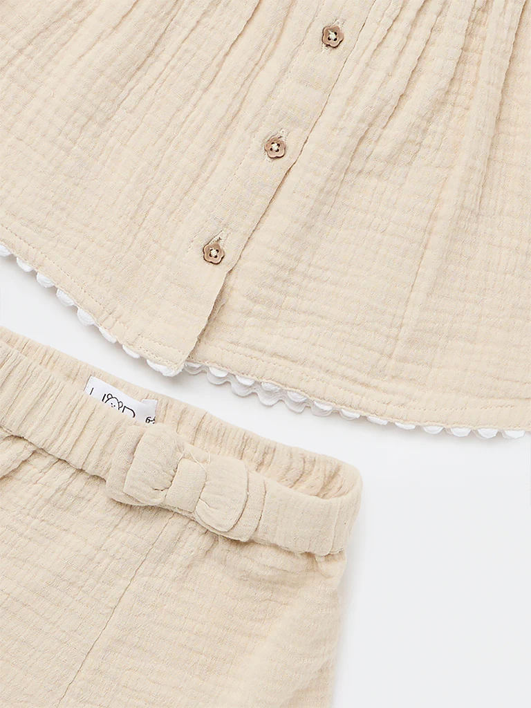 HOP Baby Girls Beige Textured Cotton Top and Shorts Set - Image 3