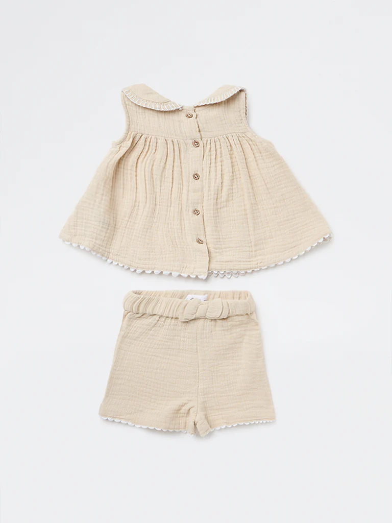 HOP Baby Girls Beige Textured Cotton Top and Shorts Set - Image 4