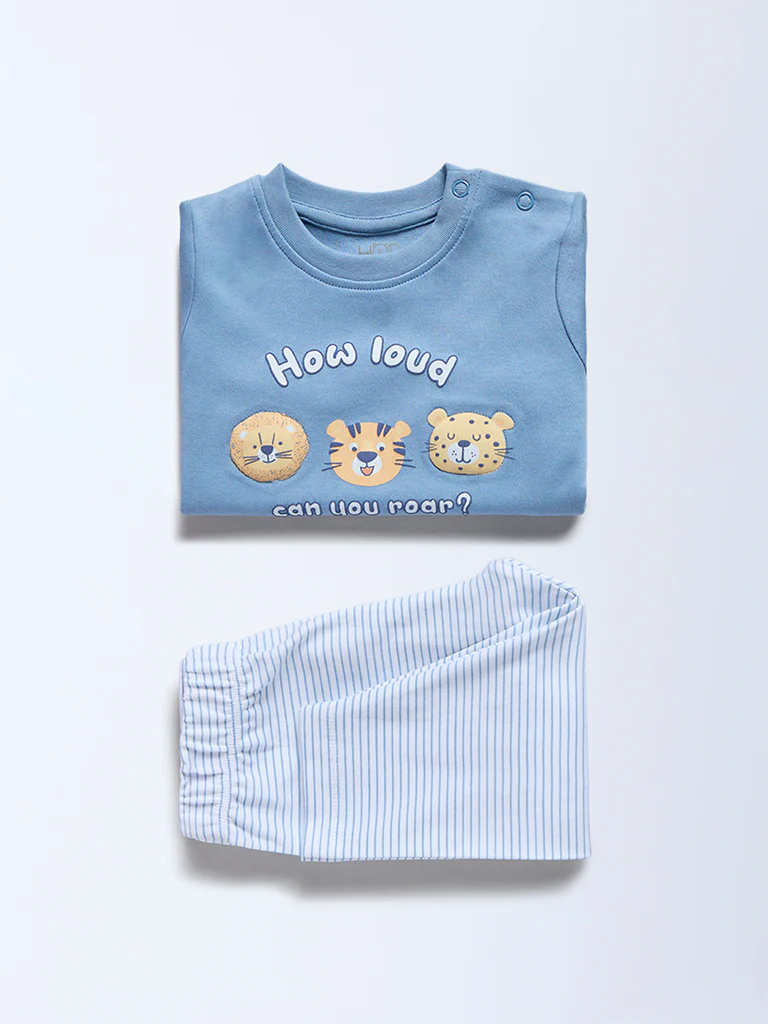 HOP Baby Boys Blue Animal Design Cotton T-Shirt and Pants Set - Exclusive - Image 2