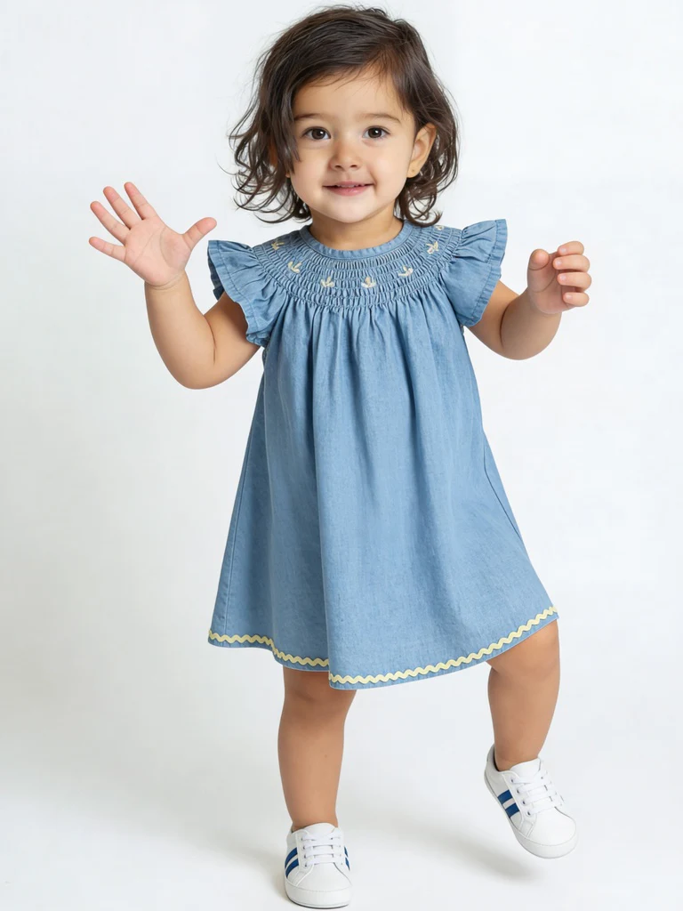 HOP Baby Girls Blue Denim A-Line Dress