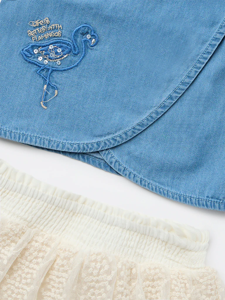HOP Baby Girls Blue Embroidered Cotton Top and Skirt Set - Image 3