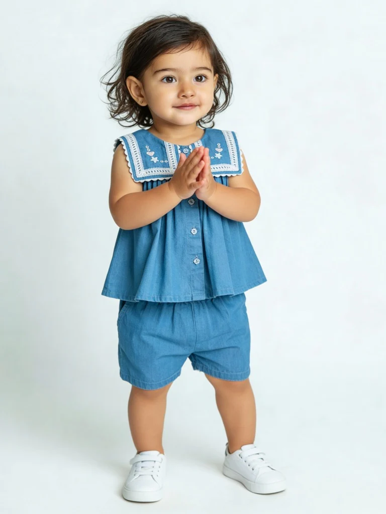 HOP Baby Girls Blue Embroidered Denim Top and Shorts Set