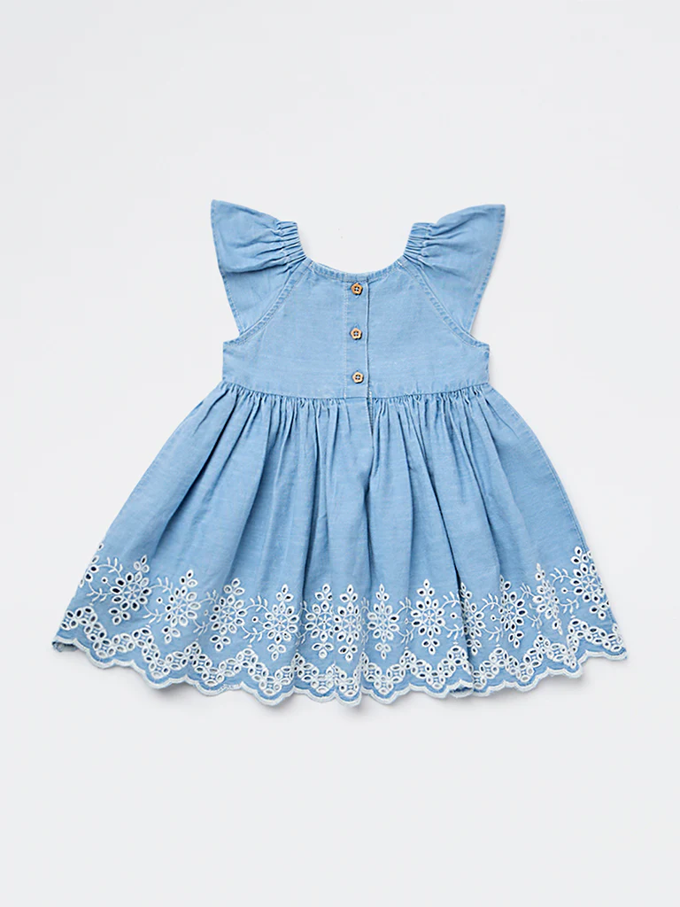 HOP Baby Girls Blue Embroidered Fit-and-Flare Denim Dress - Image 3