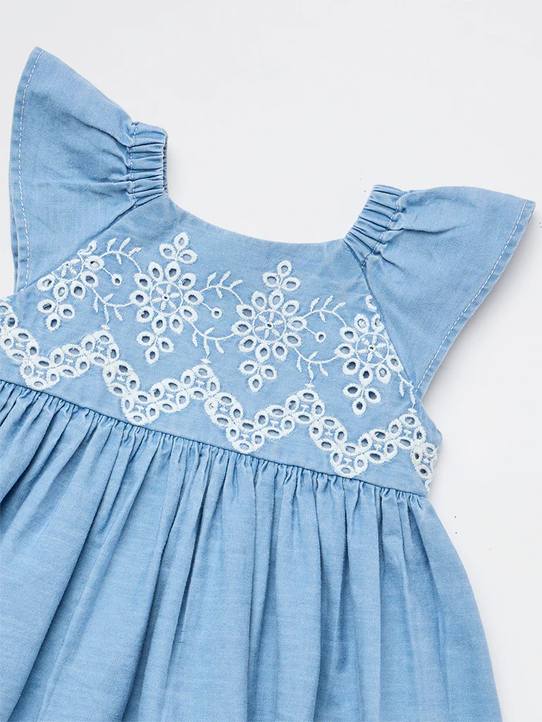 HOP Baby Girls Blue Embroidered Fit-and-Flare Denim Dress - Image 4
