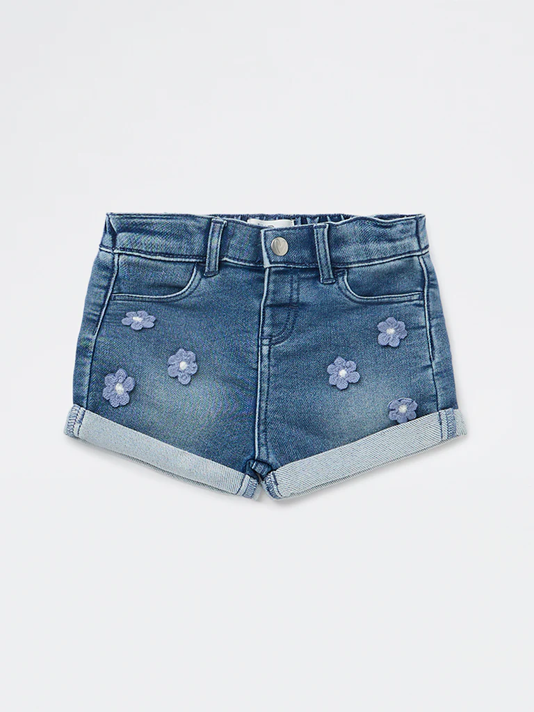 HOP Baby Girls Blue Floral Applique High-Rise Denim Shorts - Image 2