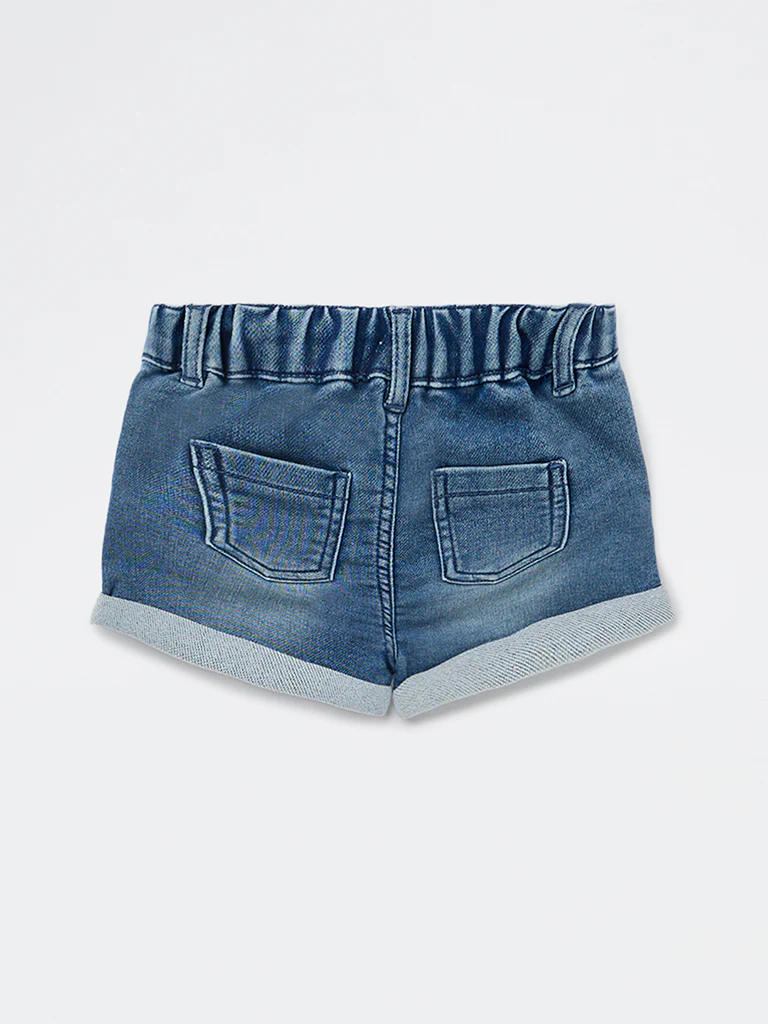 HOP Baby Girls Blue Floral Applique High-Rise Denim Shorts - Image 3