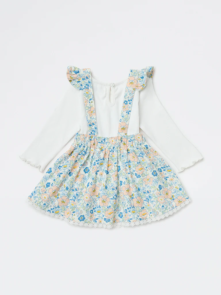 HOP Baby Girls Blue Floral Cotton-Blend Pinafore with T-Shirt Set - Image 3