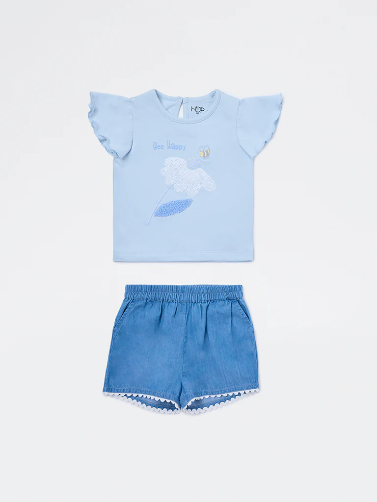 HOP Baby Girls Blue Floral Cotton T-Shirt and Shorts Set - Image 2