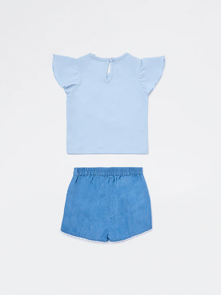 HOP Baby Girls Blue Floral Cotton T-Shirt and Shorts Set - Image 3